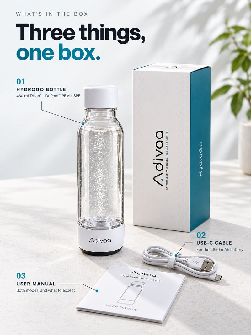 Three things, one box: the HydroGo bottle, a USB-C cable for the 1,800 mAh battery, and the user manual