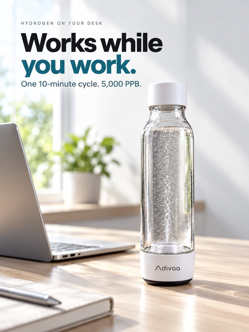 Works while you work: HydroGo on a desk beside a laptop, one 10-minute cycle makes 5,000 PPB
