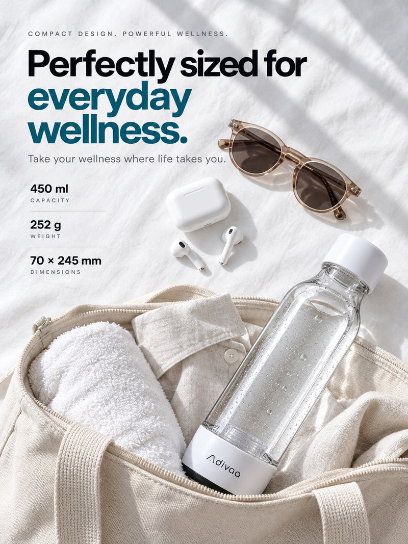Perfectly sized for everyday wellness: 450 ml capacity, 252 g weight, 70 x 245 mm, HydroGo in a canvas tote beside sunglasses and earbuds