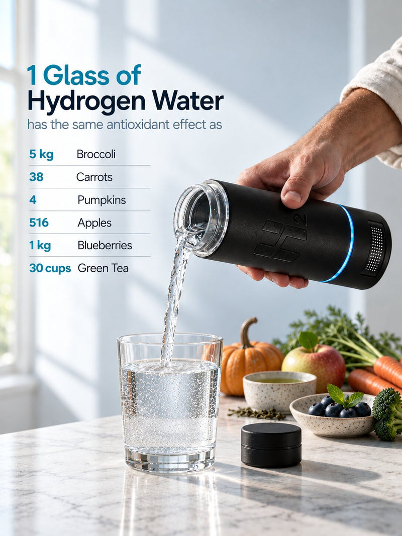 1 glass of hydrogen water has the same antioxidant effect as 5 kg broccoli, 38 carrots, 4 pumpkins, 516 apples, 1 kg blueberries or 30 cups of green tea