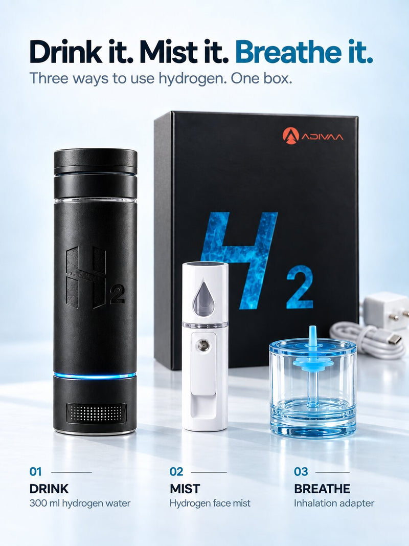 Drink it. Mist it. Breathe it. Three ways to use hydrogen, one box: 300 ml hydrogen water, hydrogen face mist, inhalation adapter