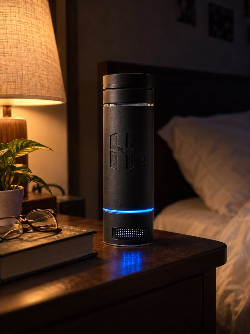 The HydroMax bottle on a bedside table at night, its ring glowing