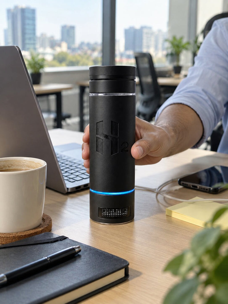 HydroMax on a desk beside a laptop, picked up mid-meeting