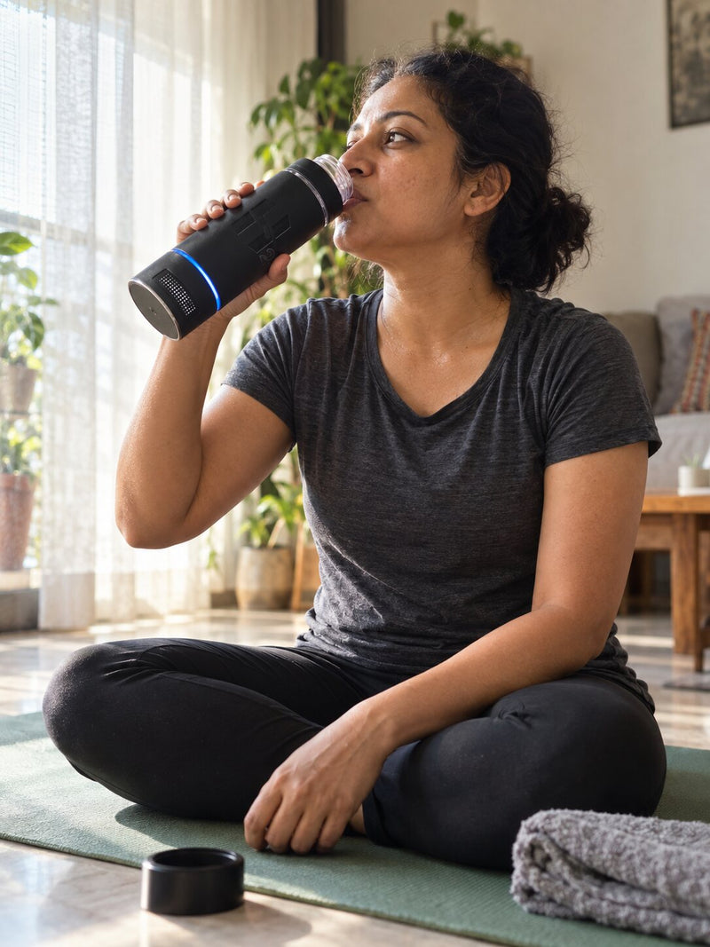 A woman drinking hydrogen water from HydroMax on her yoga mat