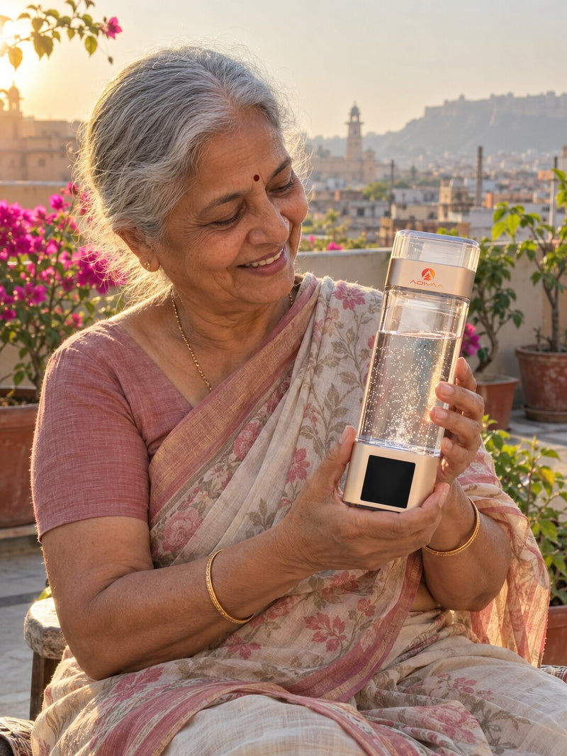 An older woman smiling with her Champagne Gold HydroUltra on a terrace
