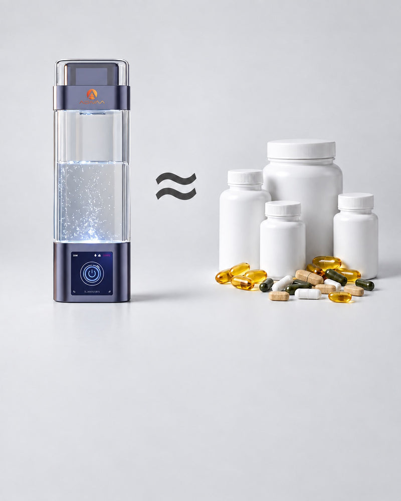 The HydroUltra bottle beside a pile of supplement bottles and capsules