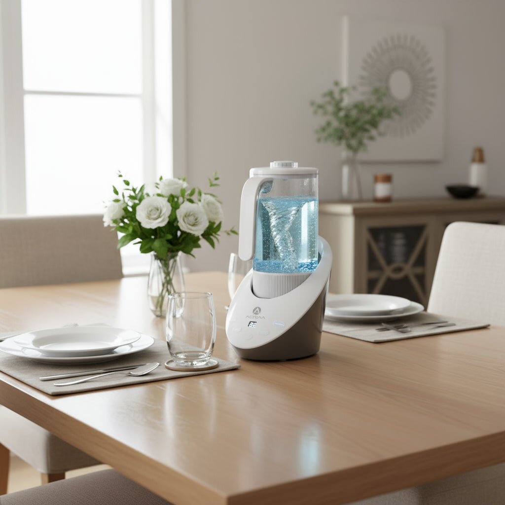 HydroIonizer running on a dining table set for a meal, the vortex visible inside the jug