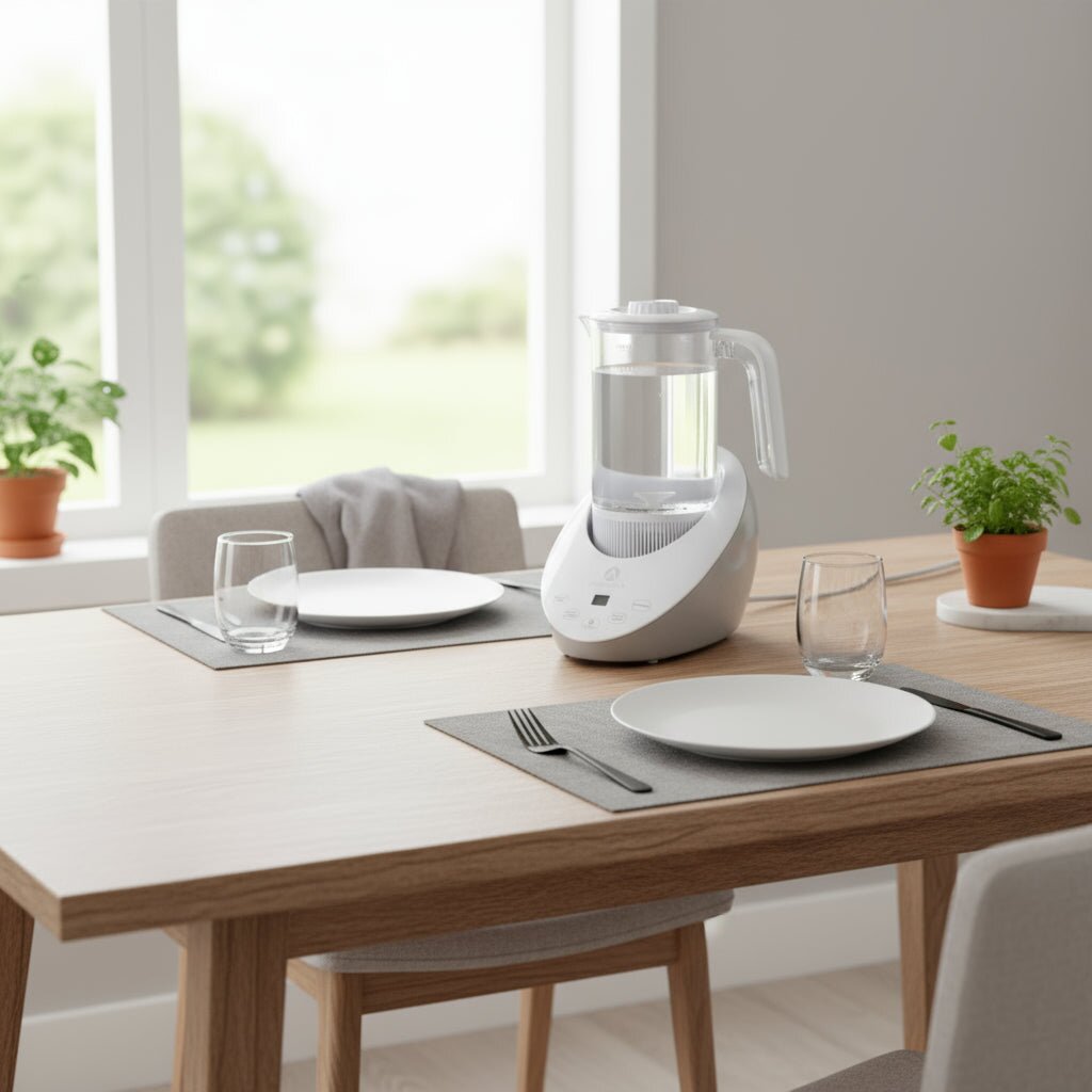 HydroIonizer on a dining table beside plates and glasses