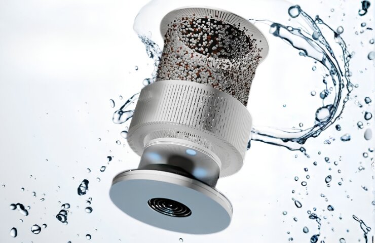 The calcium-sulfite filter cartridge with water splashing around it