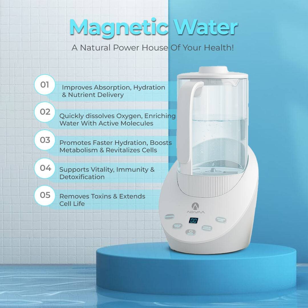 Magnetic water: improves absorption, hydration and nutrient delivery, dissolves oxygen quickly, supports vitality