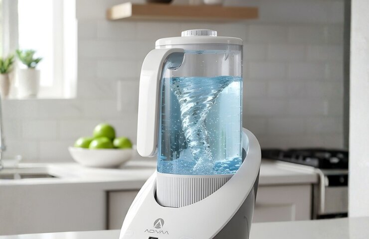 HydroIonizer on a kitchen counter with a hydrogen vortex inside the jug