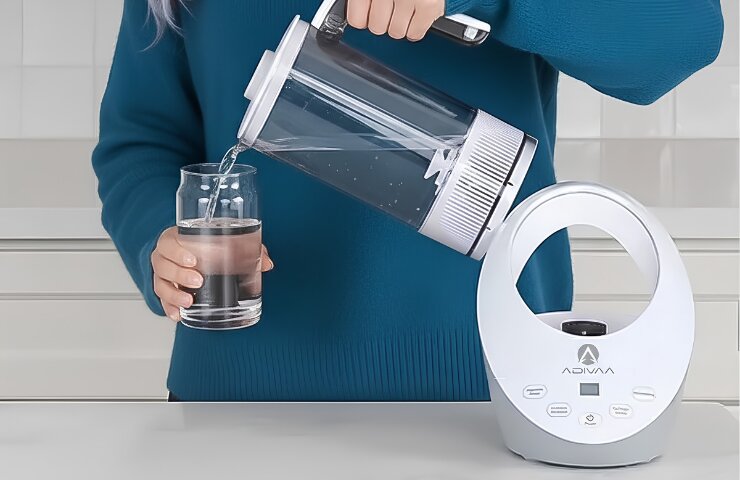 Pouring hydrogen water from the HydroIonizer jug into a glass, the base on the counter