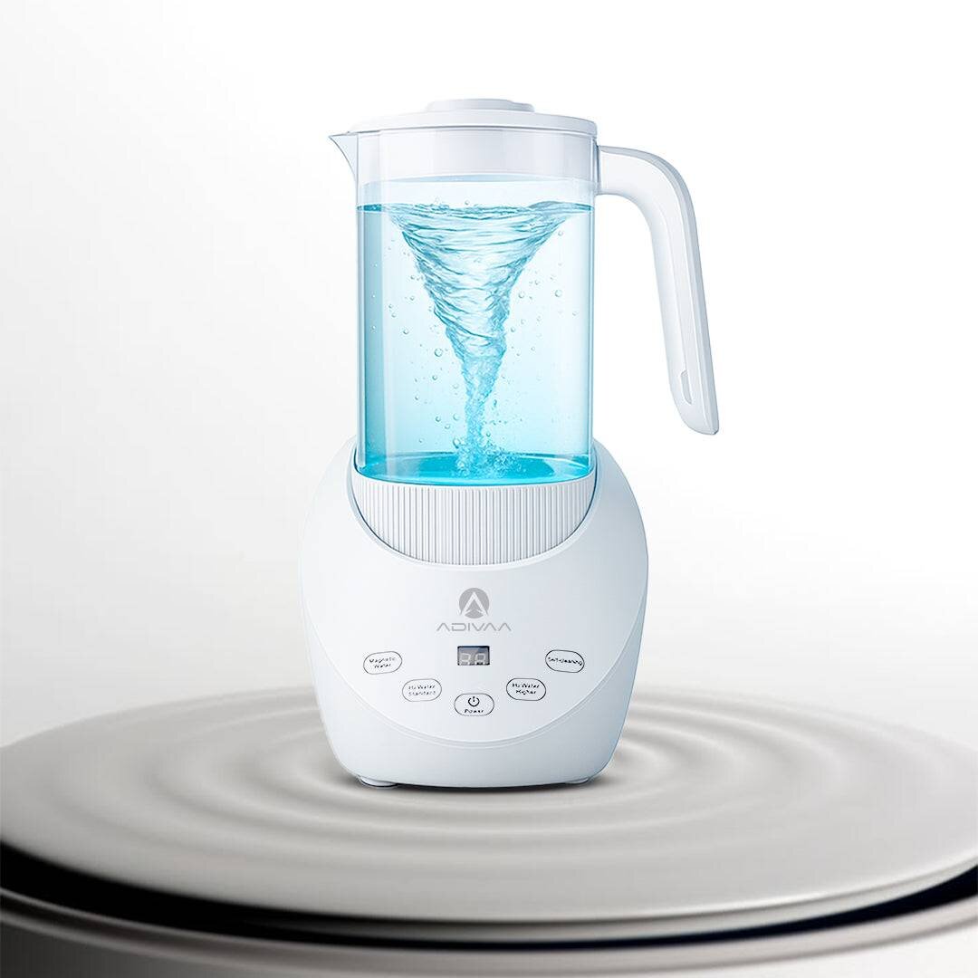 Adivaa HydroIonizer 1600 ml hydrogen water ionizer in white, a hydrogen vortex spinning inside the jug on its countertop base